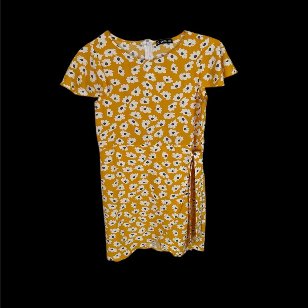 Sheinβ Yellow With White Flowers Dress Size XS Short Sleeve With Faux Wrap